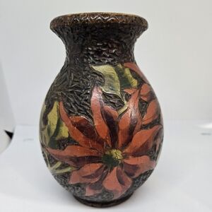Wood Carved Hand Painted Vase Poinsettia Floral Vase